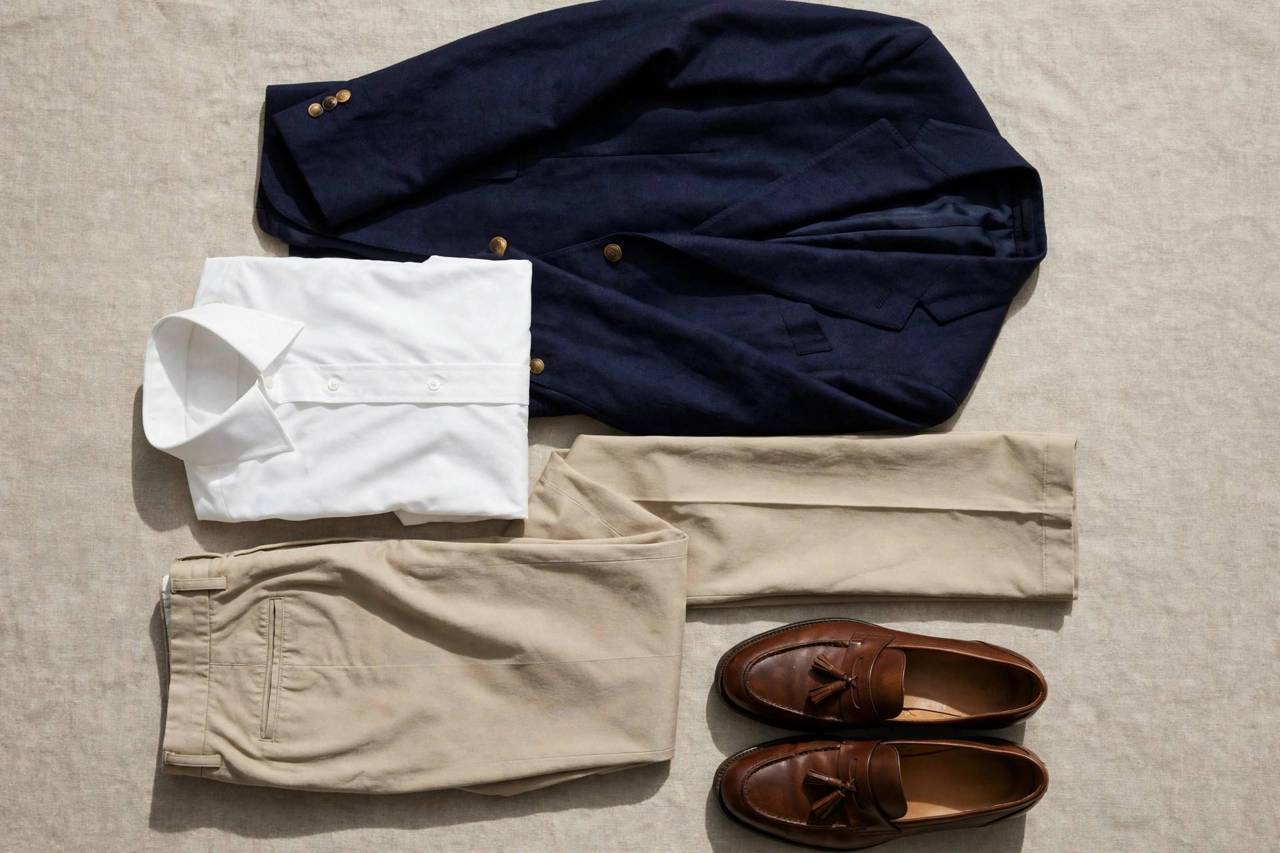 Flat lay of navy blazer with white shirt beige trousers and brown shoes