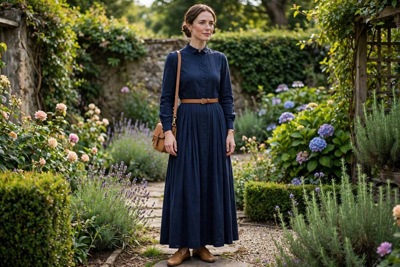 Woman in modest navy dress with tan accessories standing outdoors