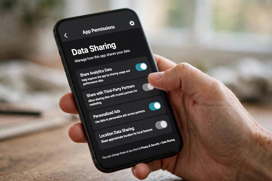 Hand adjusting app data sharing permissions on a phone