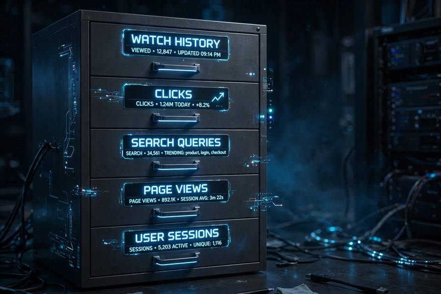 Filing cabinet representing categories of data used by recommendation algorithms