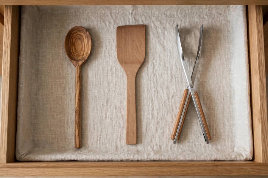 Open kitchen drawer showing minimal curated cooking tools