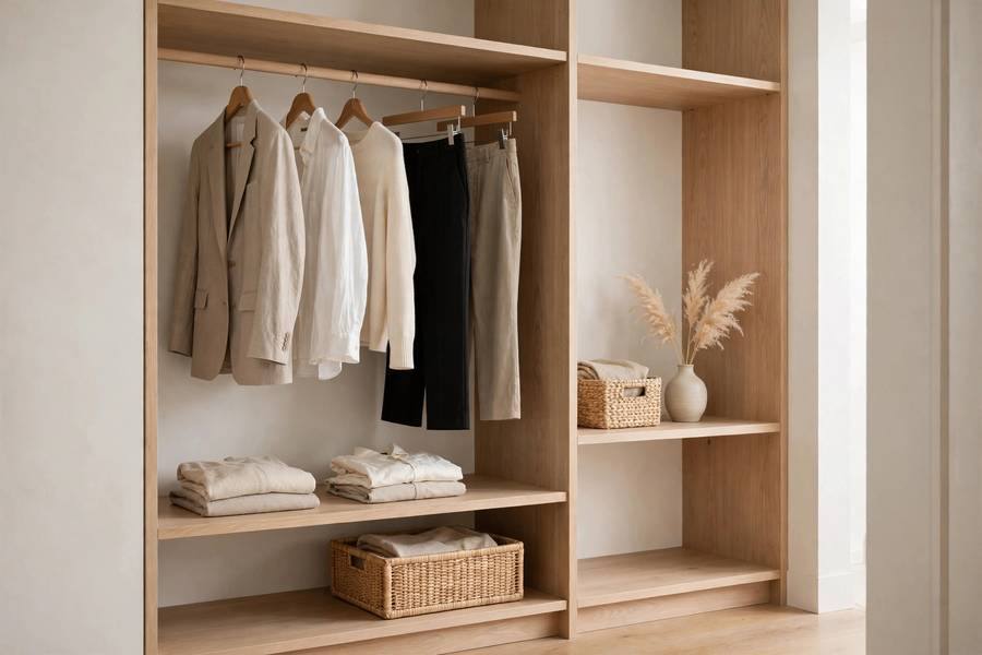 Minimalist closet with small curated wardrobe