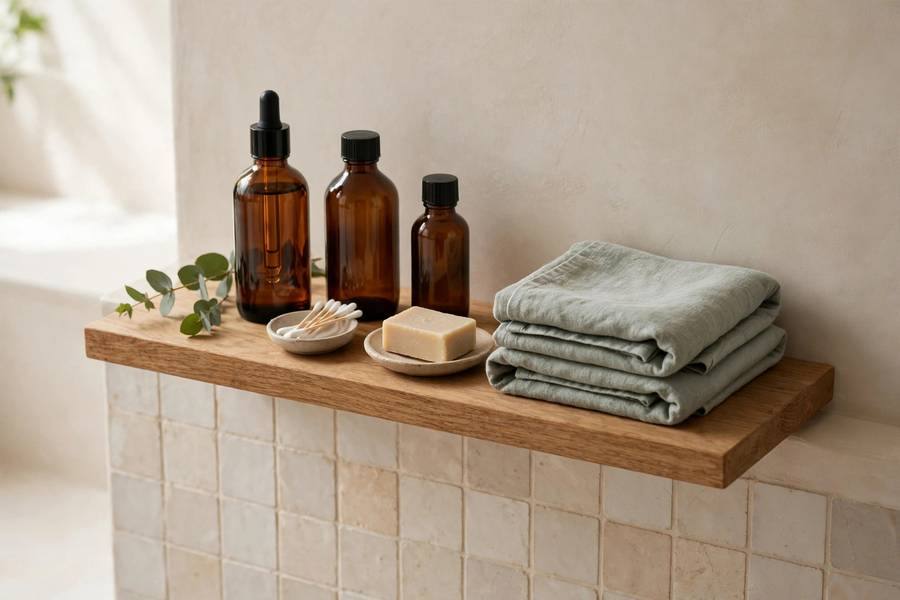 Simple bathroom shelf with few essential products