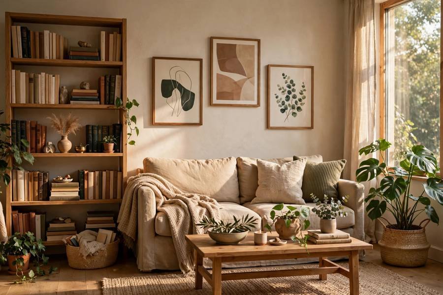 Cozy minimalist living room with books plants and art