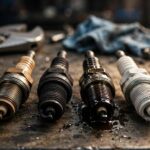Four worn spark plugs showing different wear conditions, a visual guide to what worn spark plugs look like