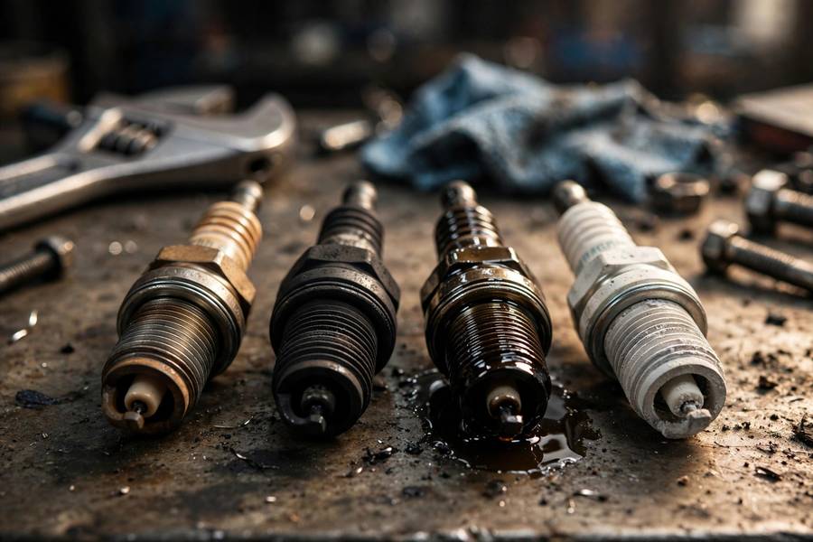 Four worn spark plugs showing different wear conditions, a visual guide to what worn spark plugs look like