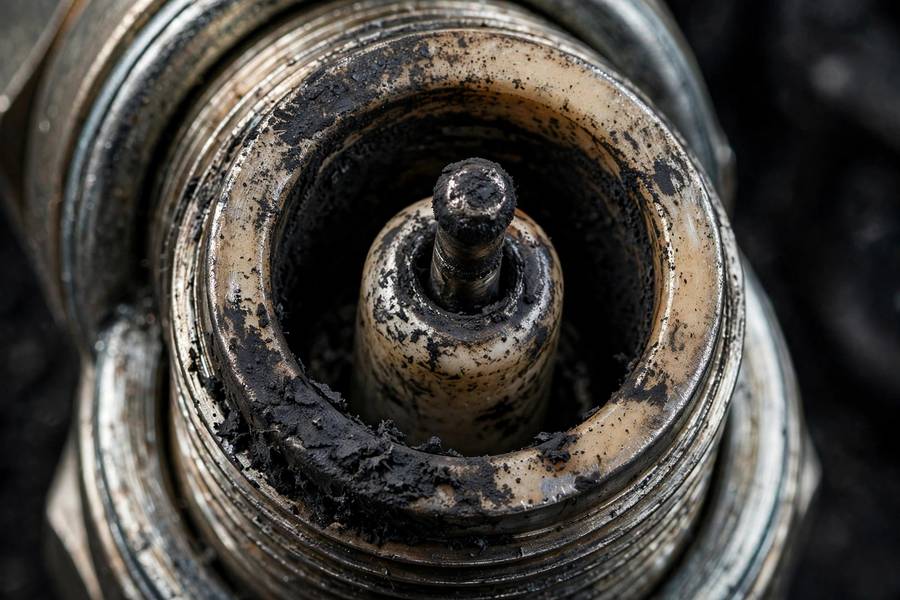 Close-up of carbon-fouled spark plug showing black sooty deposits