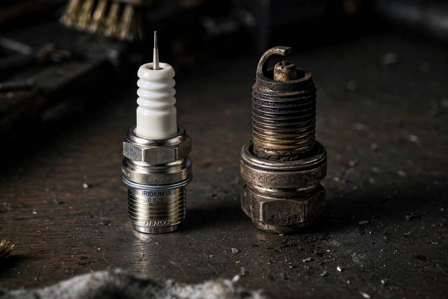 New vs worn spark plug comparison showing electrode erosion