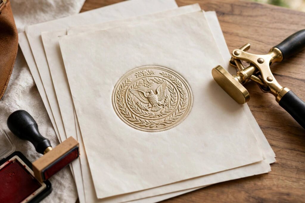 Notary public seal and stamp on documents