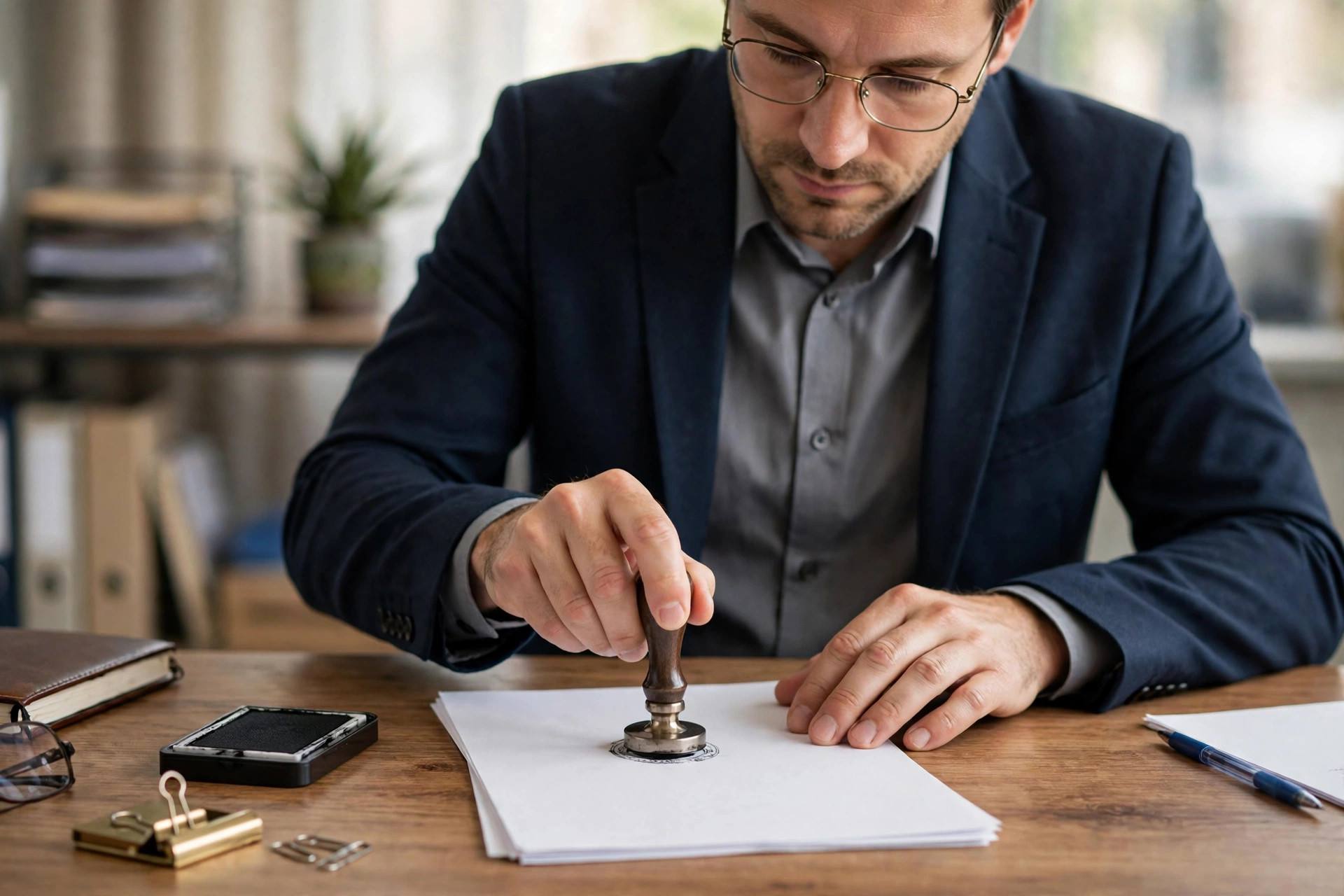 Notary public stamping an official document
