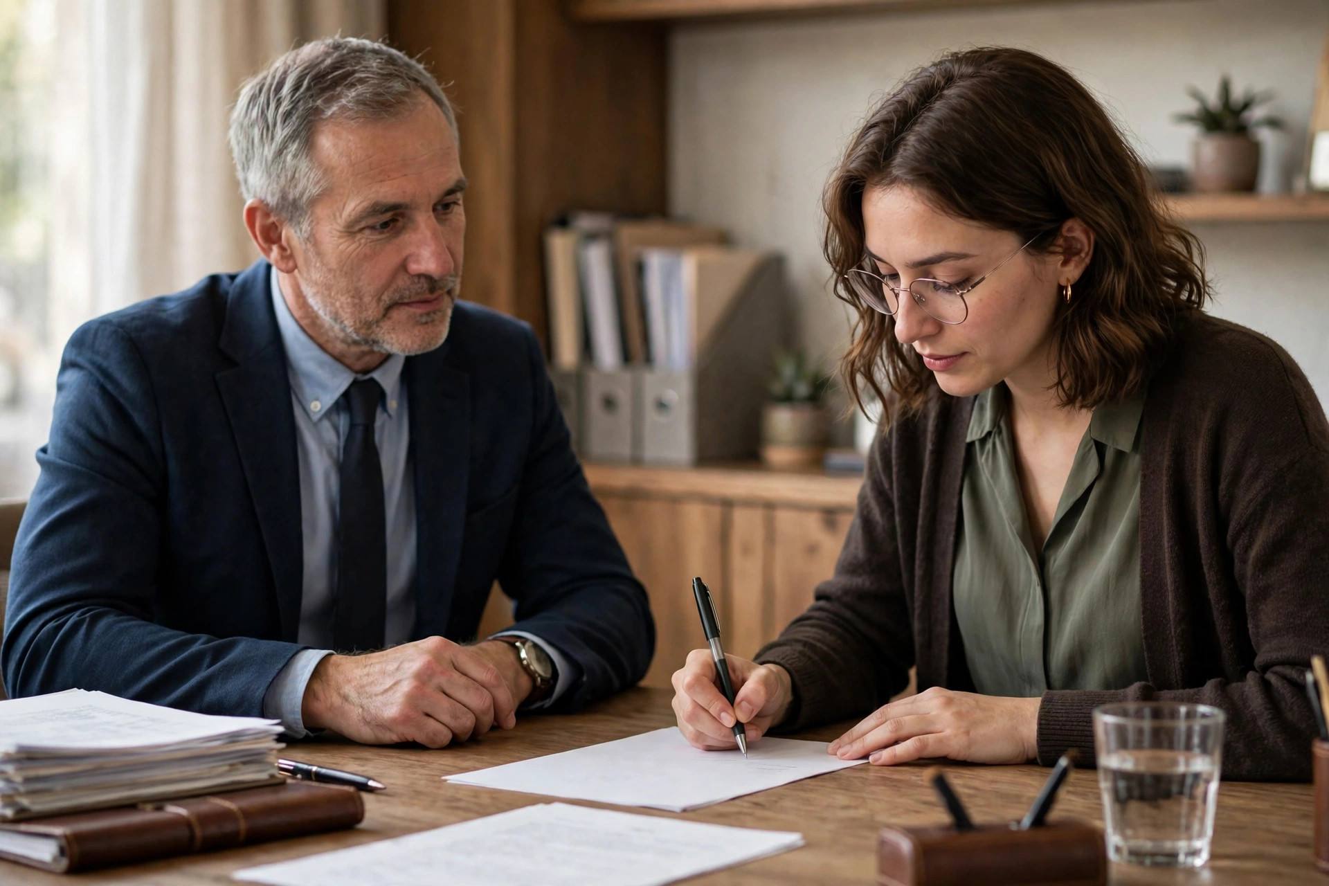Person signing papers in front of a notary