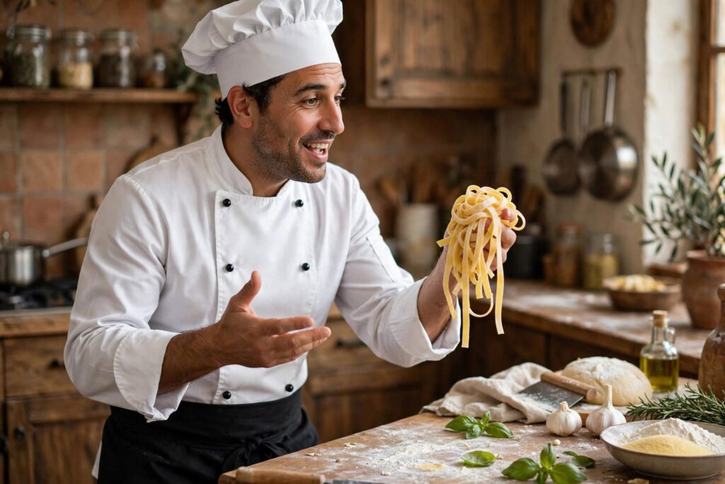Italian chef holding fresh pasta explaining al dente texture