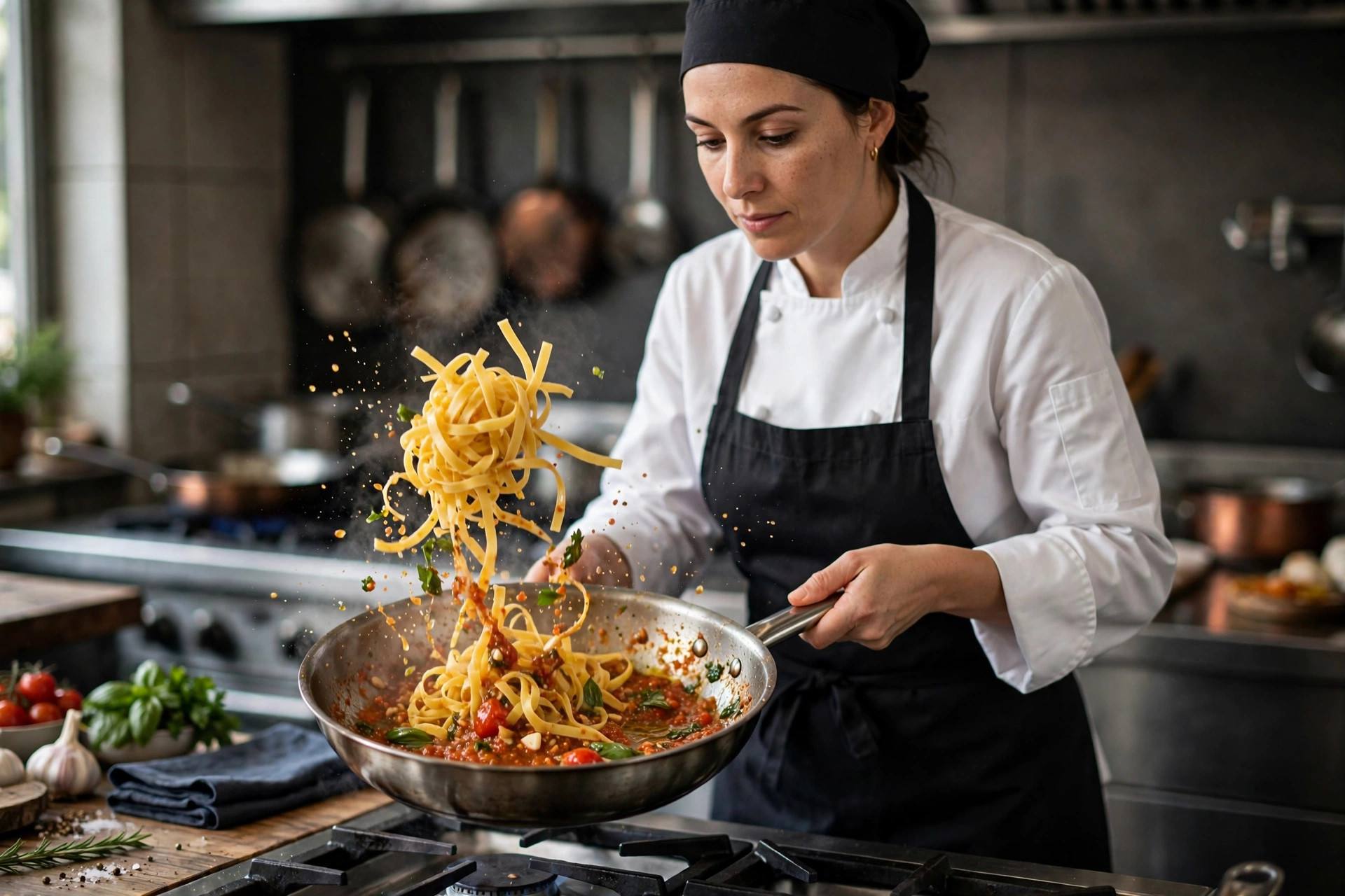 Chef tossing fresh pasta in a pan with sauce to finish cooking