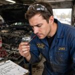 Mechanic smelling transmission fluid on a dipstick during inspection
