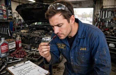 Mechanic smelling transmission fluid on a dipstick during inspection
