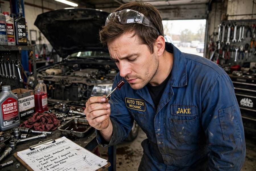 Mechanic smelling transmission fluid on a dipstick during inspection