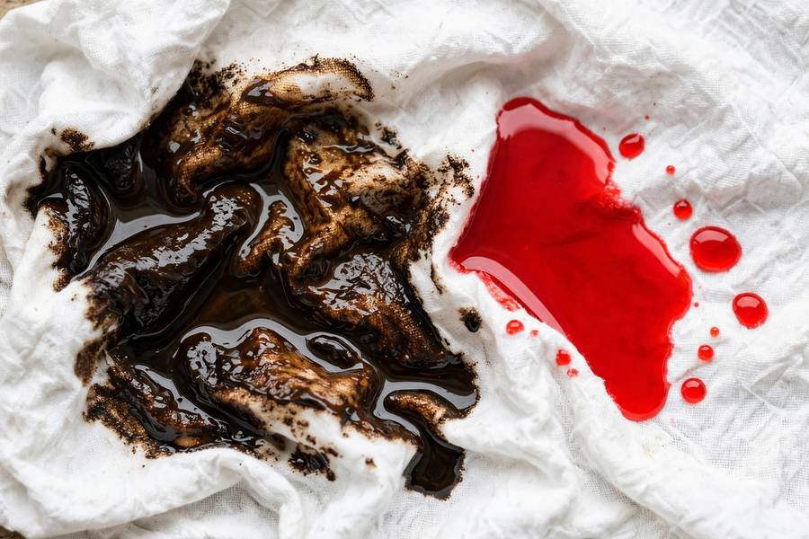 Dark burnt transmission fluid on a white rag compared with fresh red fluid