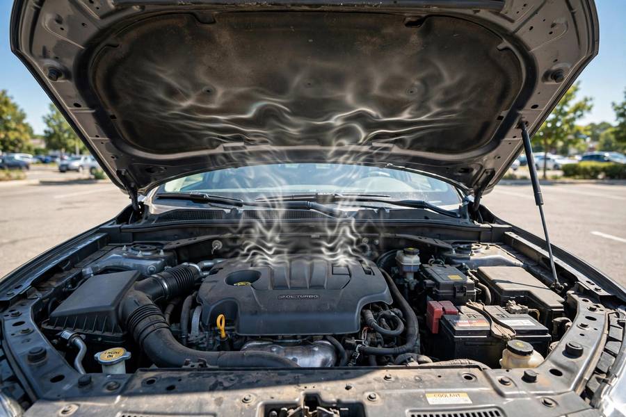 Open car hood with heat shimmer rising from the engine bay