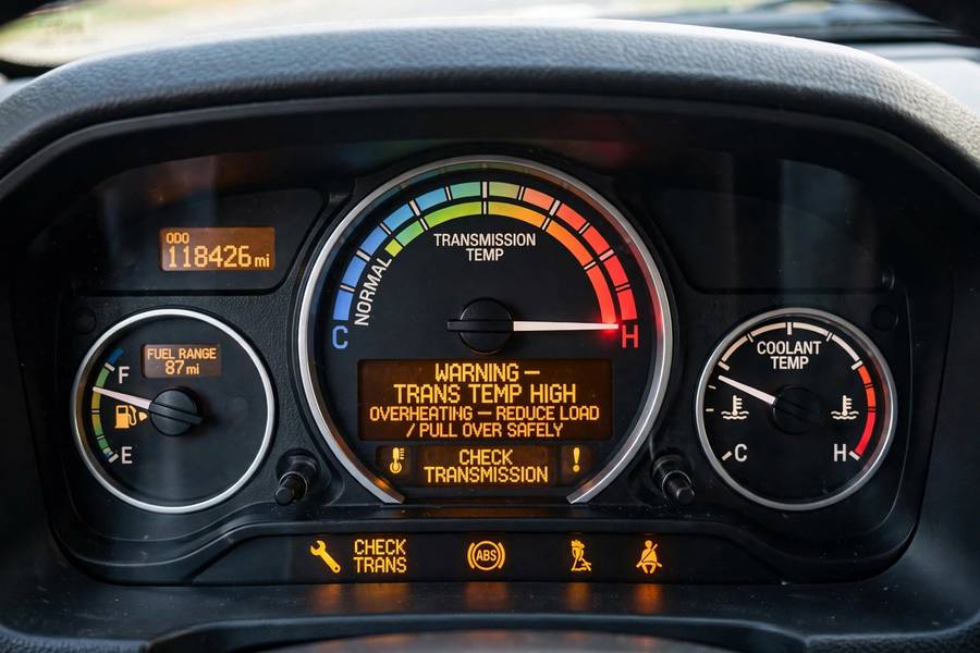 Dashboard transmission temperature gauge showing a high reading