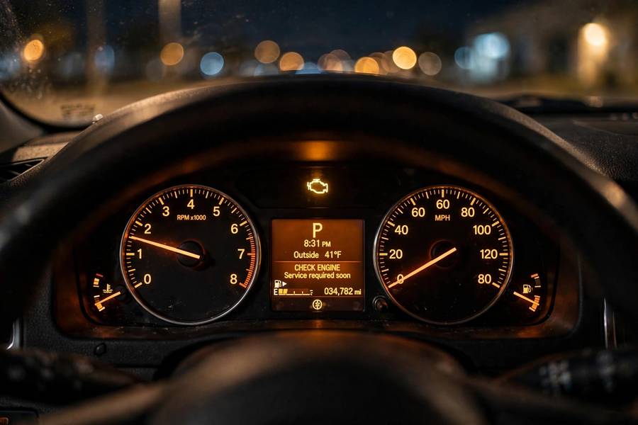 Illuminated check engine light on a dashboard, the subject of what does the check engine light mean