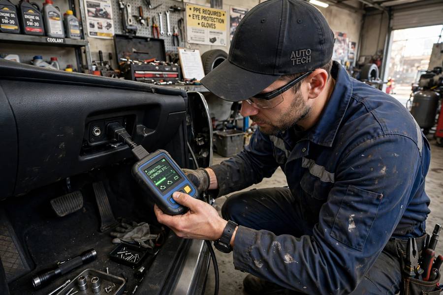 Mechanic reading diagnostic codes with an OBD2 scanner to determine what does the check engine light mean