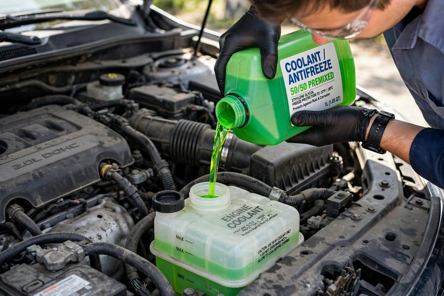 Adding coolant to the reservoir, illustrating what does coolant do in a car
