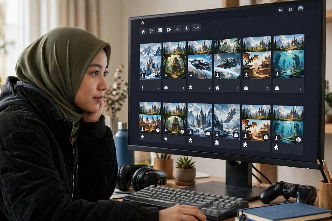 Gamer browsing a digital game store page showing downloadable content and expansion packs