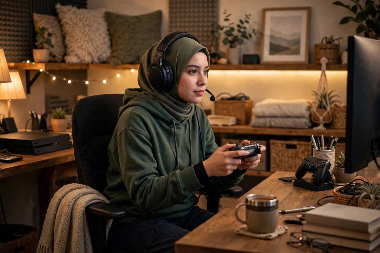 Person playing a video game on a console with a headset in a cozy gaming setup