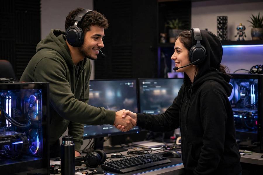 Two gamers with headsets shaking hands in front of gaming PCs after a match