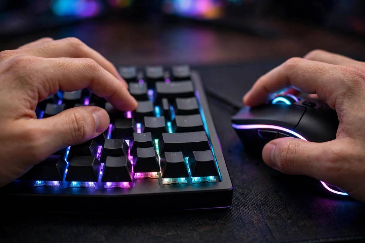 Close-up of hands on a mechanical keyboard and gaming mouse with RGB lighting