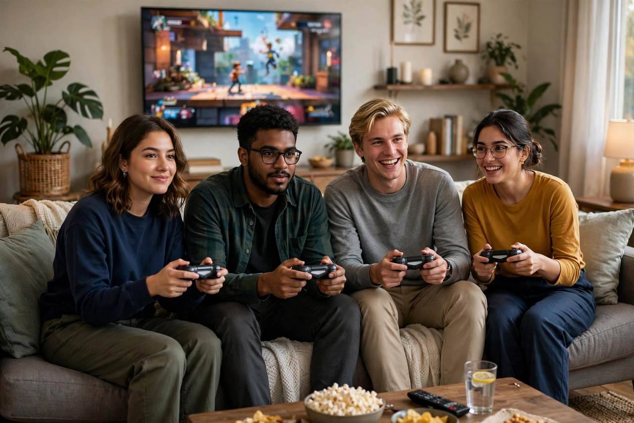 Group of friends gaming together on a couch with controllers in a living room