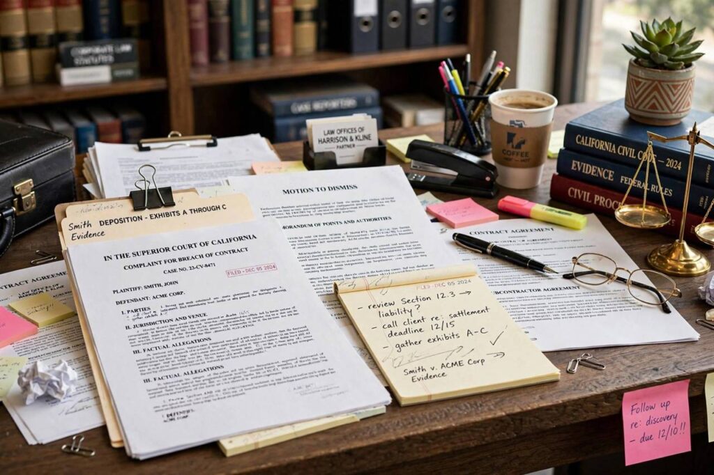 Law office desk with legal paperwork