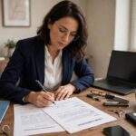 Person signing legal documents with a pen at a desk