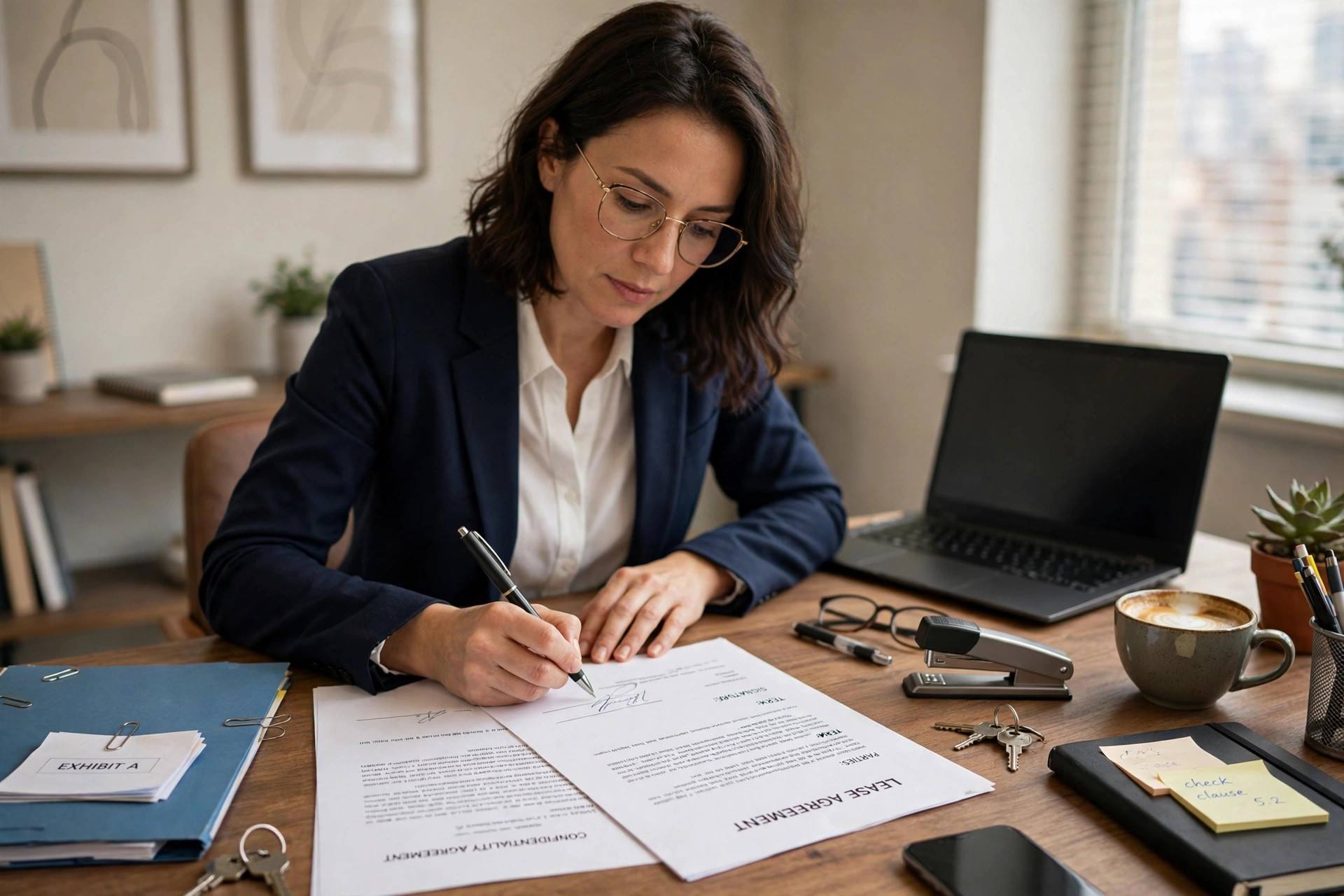 Person signing legal documents with a pen at a desk