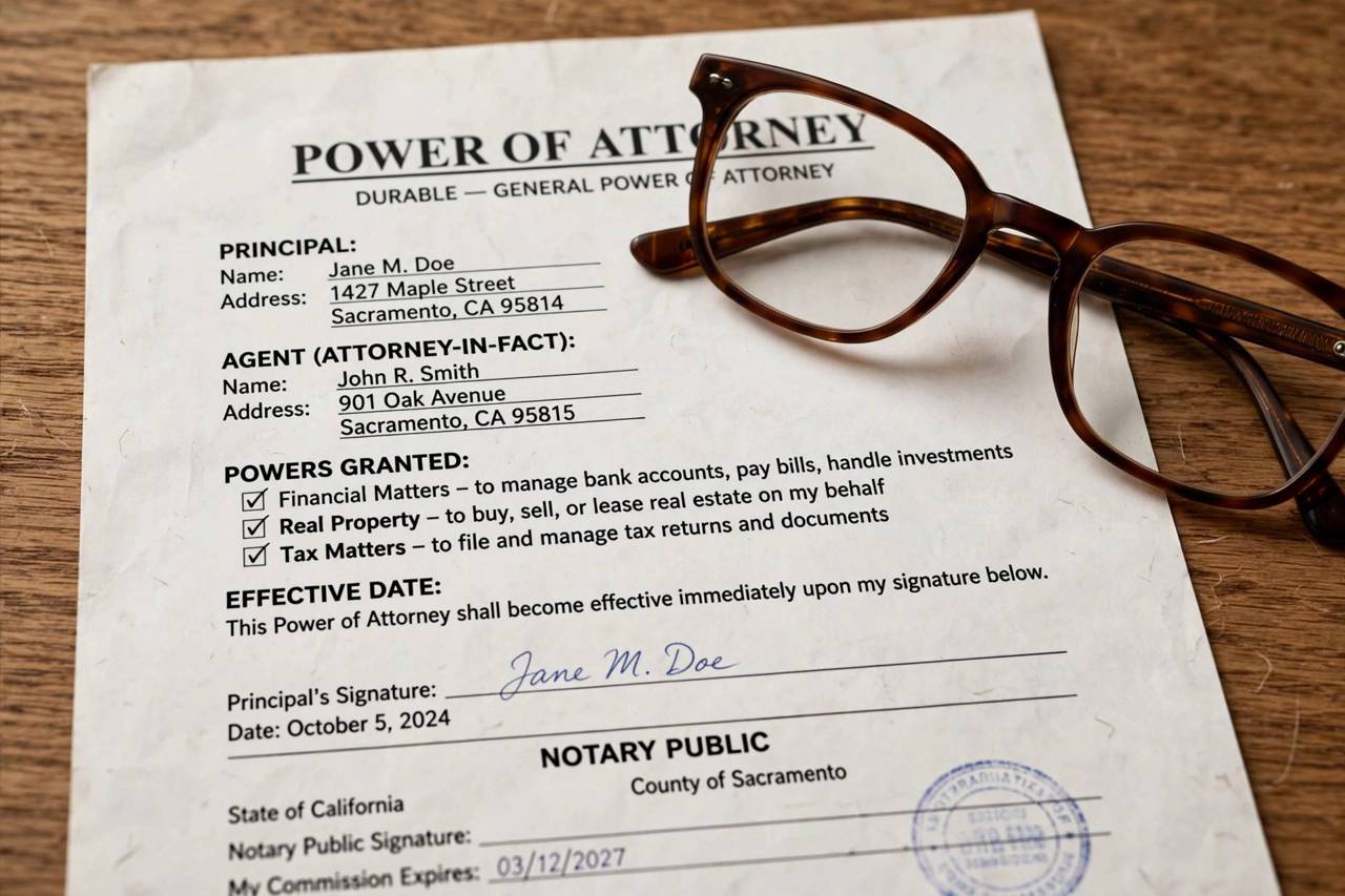 Close-up of power of attorney document with reading glasses