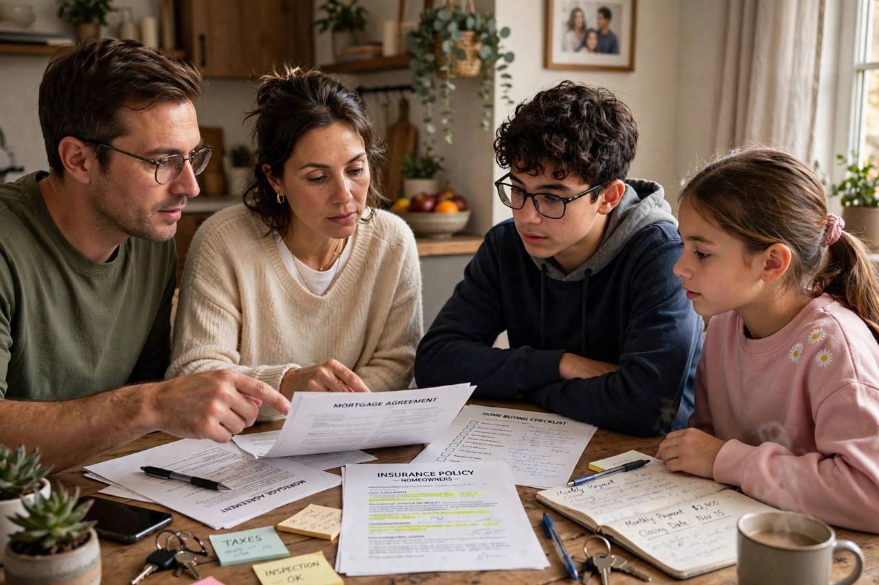 Family discussing important documents together at home
