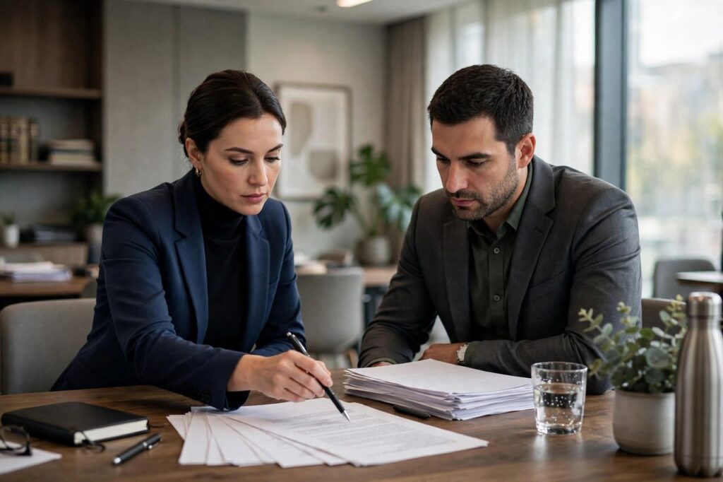Real estate attorney reviewing closing documents with a client at a conference table