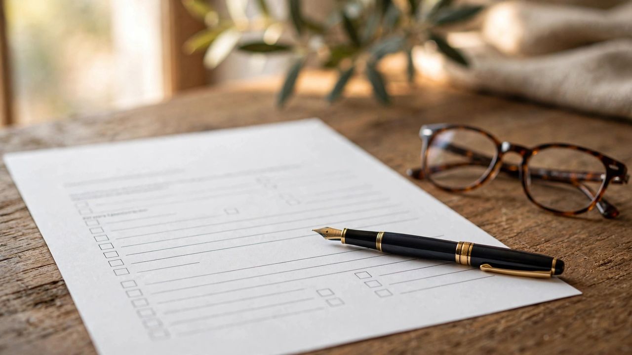 Close-up of a house purchase contract with a pen and reading glasses on a desk