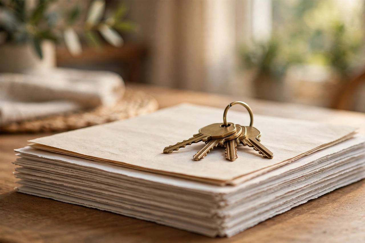House keys and a signed deed on top of closing paperwork