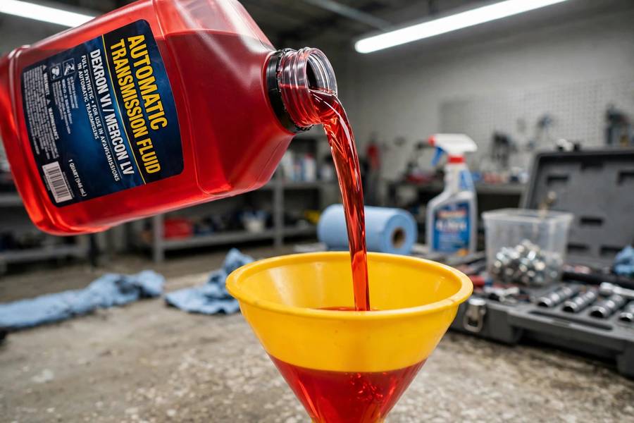 Pouring fresh transmission fluid, illustrating what transmission fluid does in your car