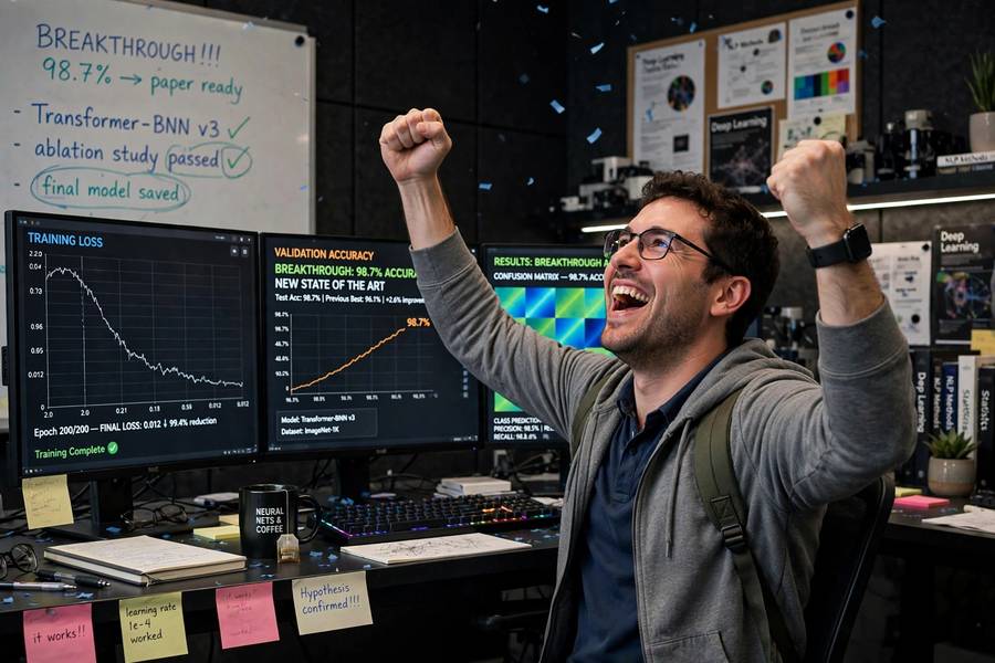 Researcher celebrating the deep learning breakthrough that ended the AI winter