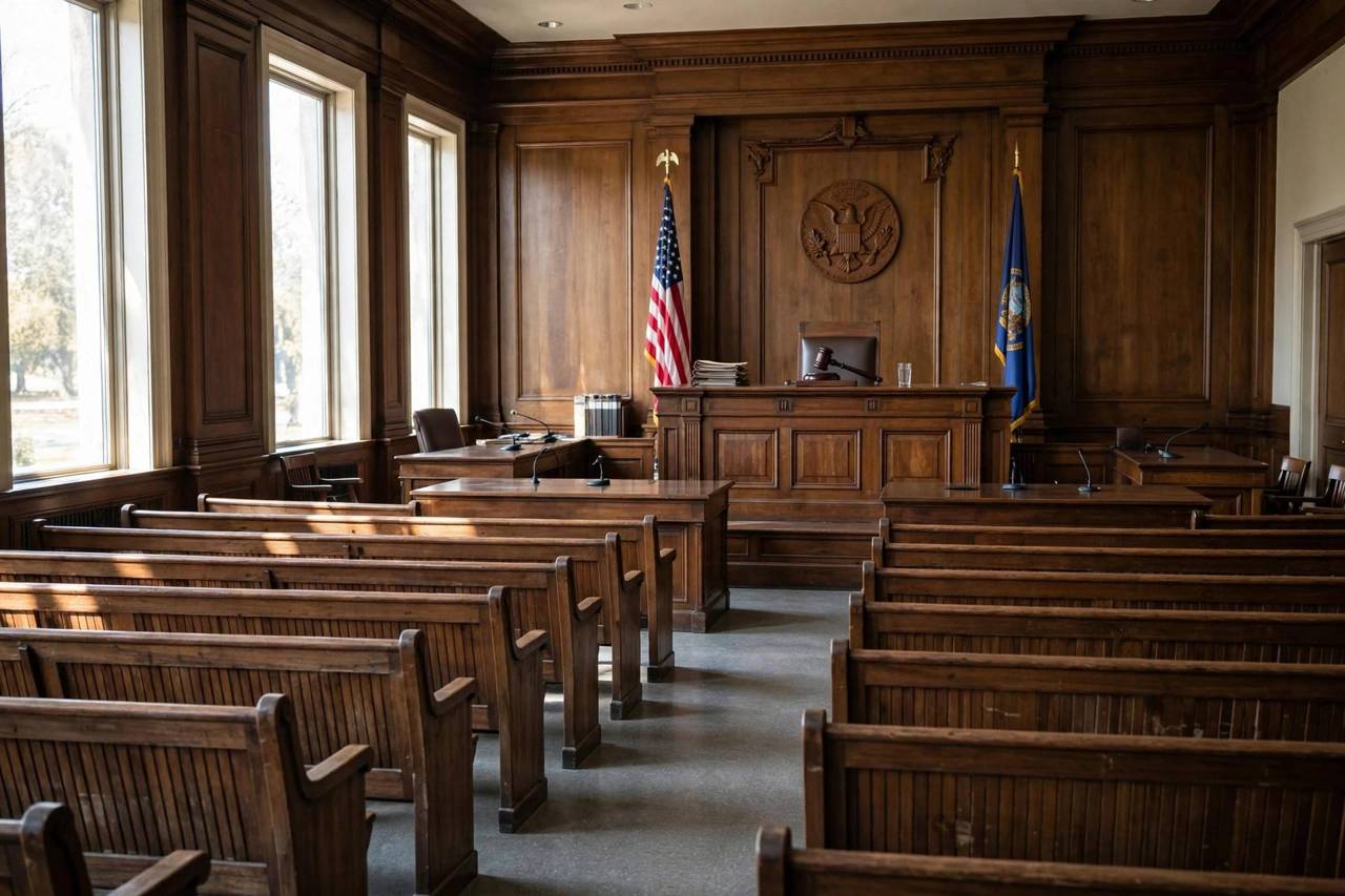 An empty courtroom with the judge's bench and rows of wooden benches