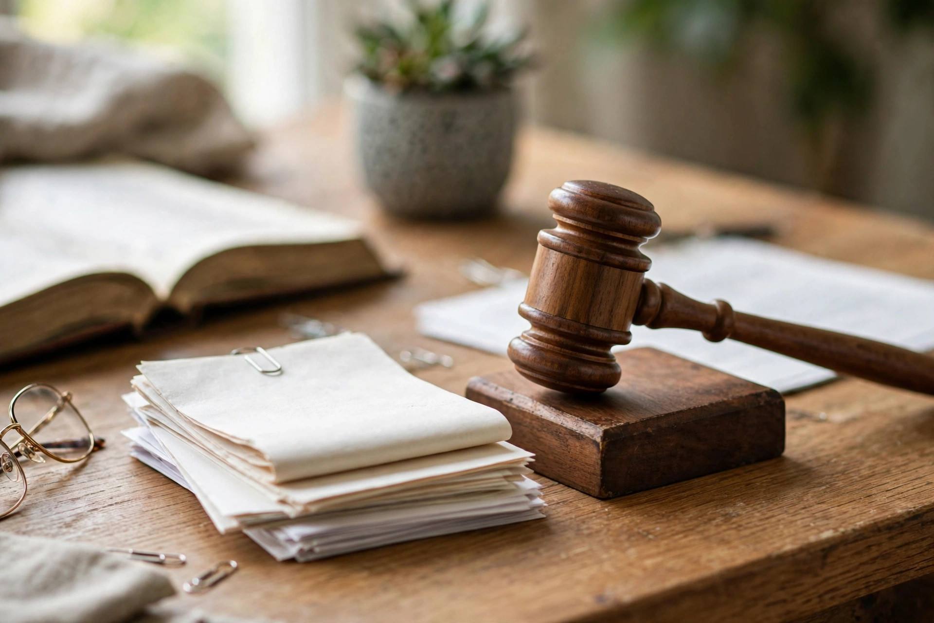 A gavel resting on a sound block beside legal documents on a desk
