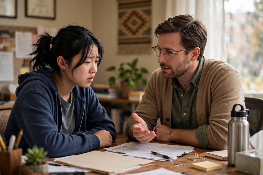 Worried student talking with a college counselor in an office