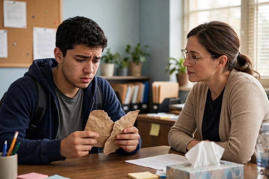 College admissions officer reviewing files at a desk