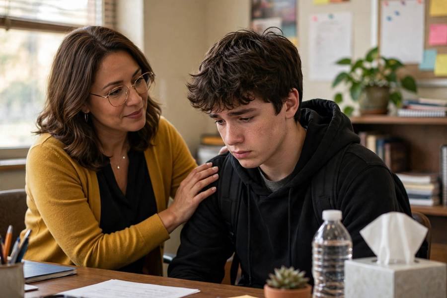 Counselor comforting a stressed high school senior