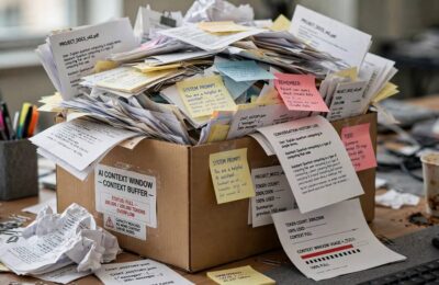 An overflowing container with documents spilling out representing a full context window