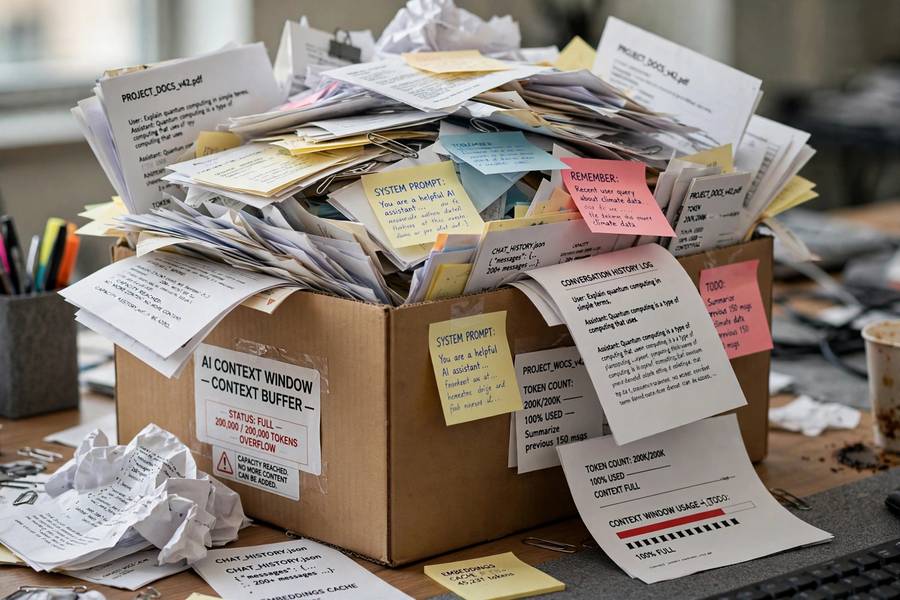 An overflowing container with documents spilling out representing a full context window