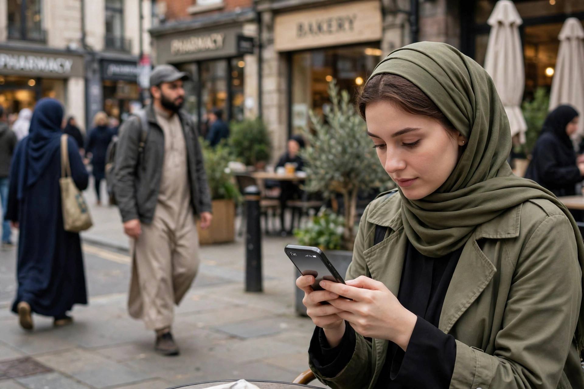 Person using a smartphone with 5G signal indicator outdoors in an urban area