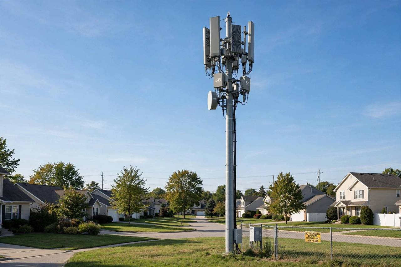 A 5G cell tower antenna against a clear sky in a suburban neighborhood